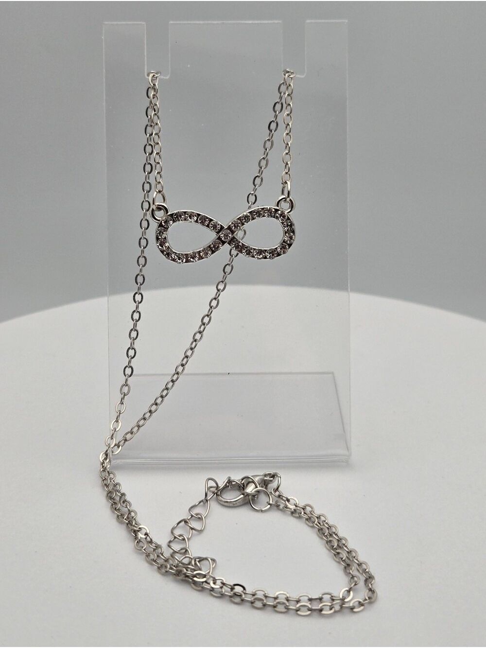 Infinity Necklace Silver Tone Rhinestone Diamond Accent Pendant 17” + Ext New